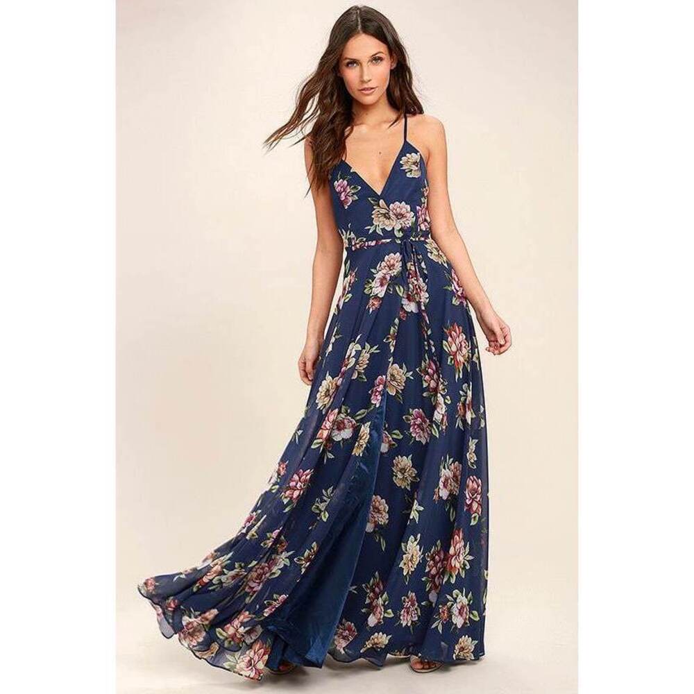 Lulus Always There For Me Navy Blue Floral Print Wrap Maxi Dress - Size XL